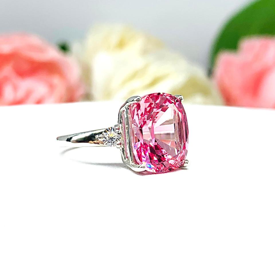 Lab Padparadscha Sapphire Elongated Cushion Ring 12x10mm Round CZ Accents