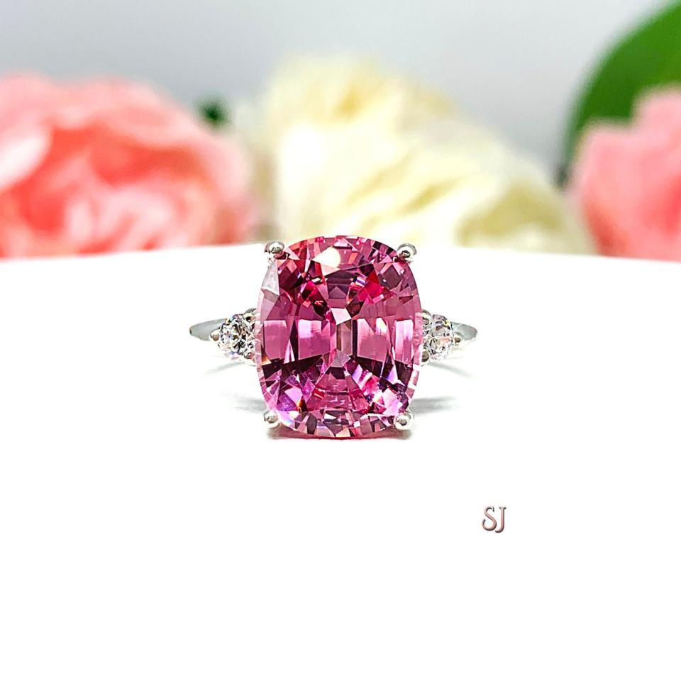 Lab Padparadscha Sapphire Elongated Cushion Ring 12x10mm Round CZ Accents