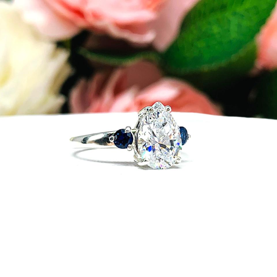 Pear CZ Lab Blue Sapphire Accents Engagement Ring