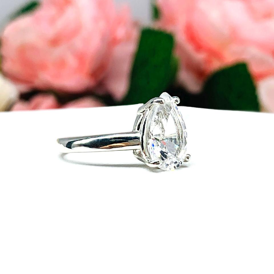 Lab White Sapphire Pear Engagement Ring 3mm Wide Band