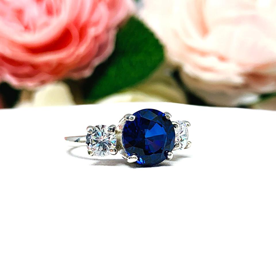 Lab Blue Sapphire and Cubic Zirconia Round Three Stone Ring