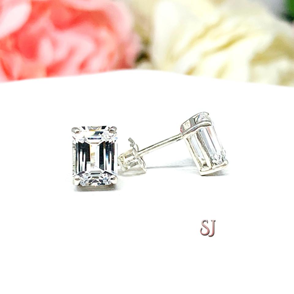 Lab White Sapphire Emerald Cut Stud Earrings