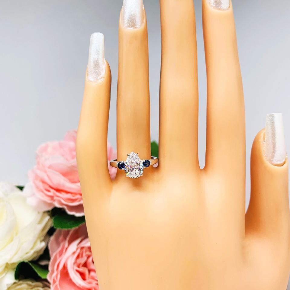 Pear CZ Lab Blue Sapphire Accents Engagement Ring