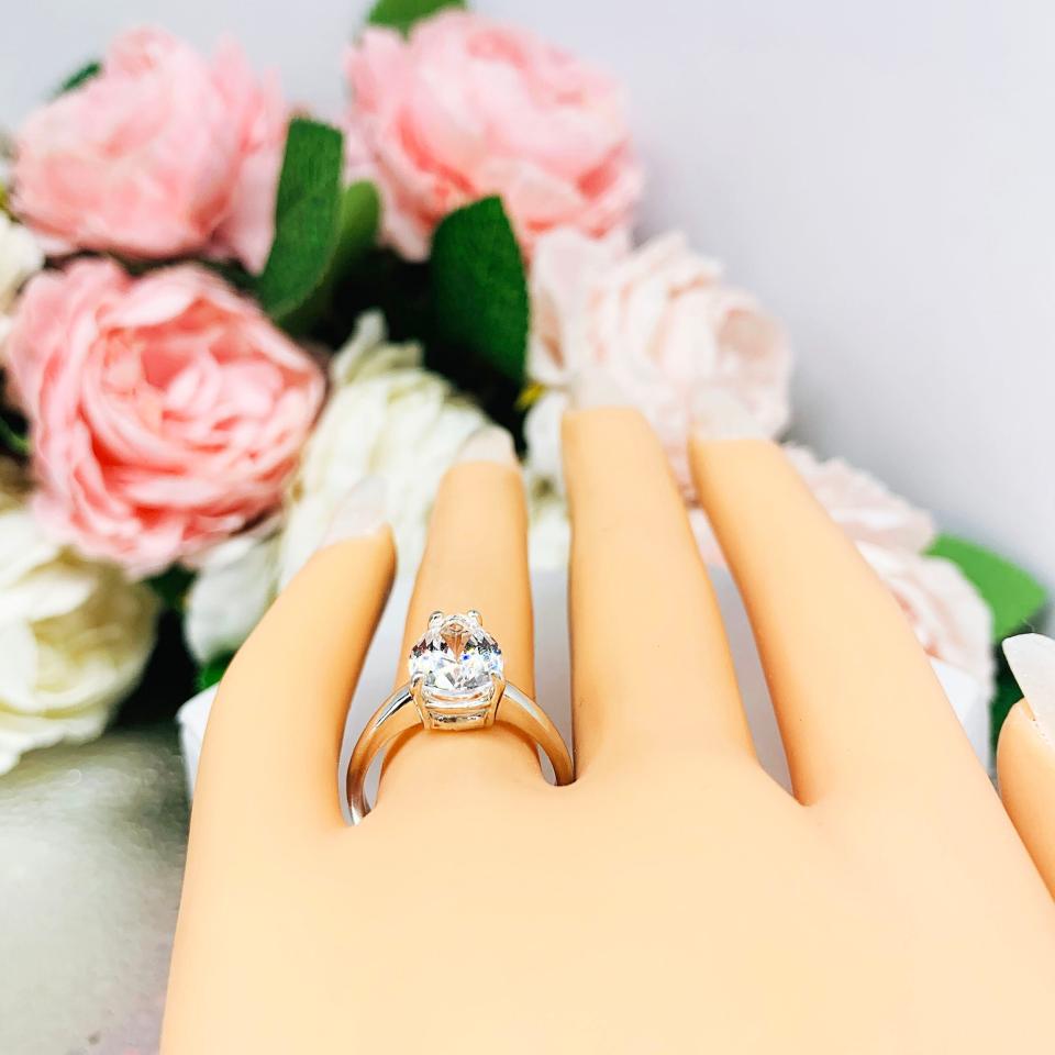 Lab White Sapphire Pear Engagement Ring 3mm Wide Band