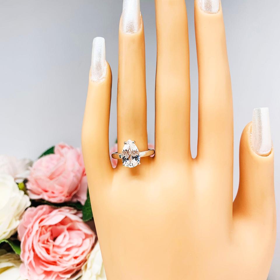 Lab White Sapphire Pear Engagement Ring 3mm Wide Band