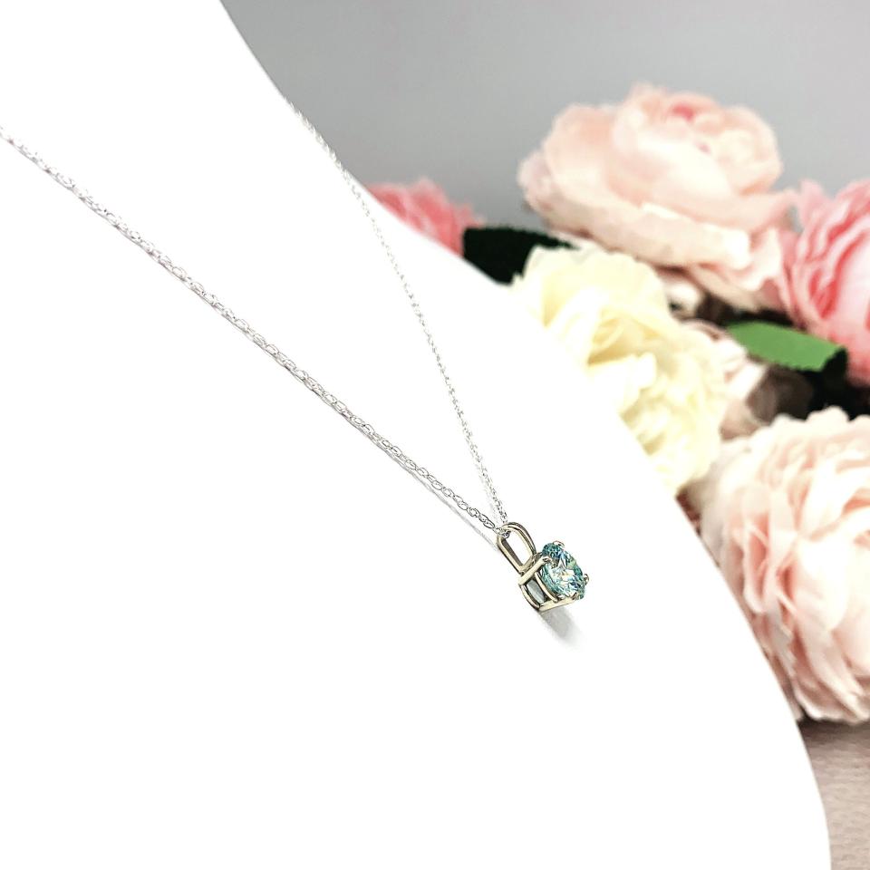Round Aquamarine Blue Moissanite Gold Pendant with Chain FREE UPS 3RD DAY