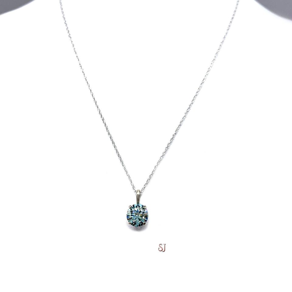 Round Aquamarine Blue Moissanite Gold Pendant with Chain FREE UPS 3RD DAY