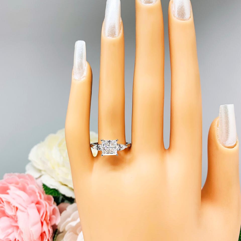 Princess & Pear-Cut CZ 3-Stone Engagement Ring • 7mm, Sterling Silver, Size 8