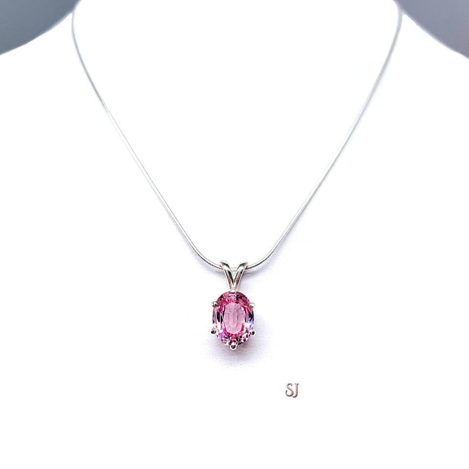Lab Padparadscha Oval Pink Sapphire Pendant Sterling Silver Necklace Six Prong 10x8mm