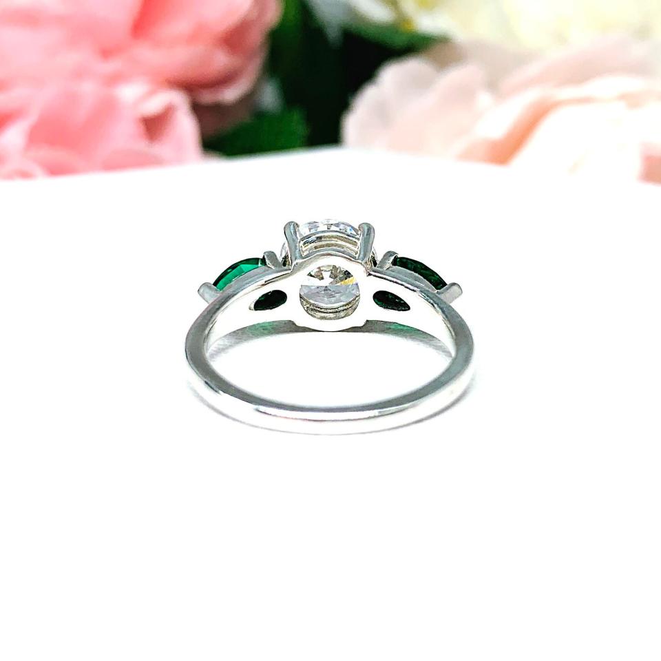 Round CZ Lab Emerald 3 Stone Engagement Ring - Pear Side Stones - Sterling Silver