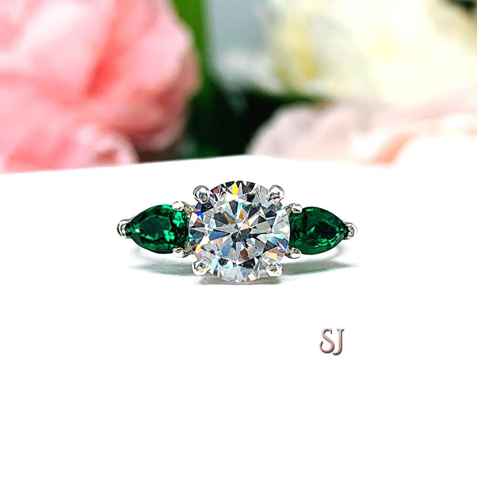 Round CZ Lab Emerald 3 Stone Engagement Ring - Pear Side Stones - Sterling Silver