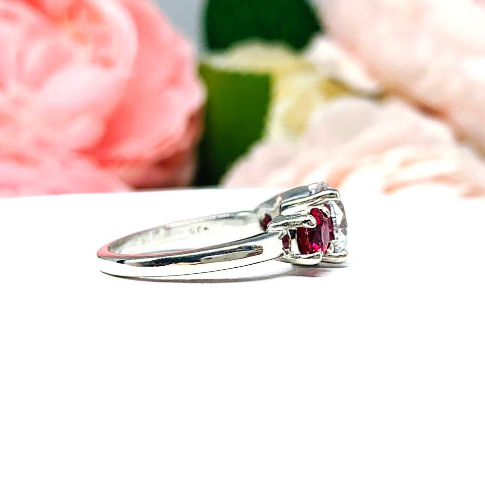 Round Cubic Zirconia Lab Ruby Three Stone Engagement Ring