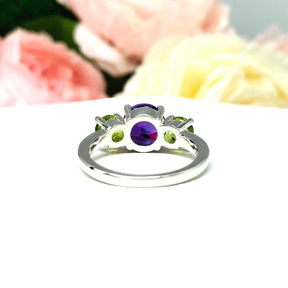 Natural African Amethyst Arizona Peridot 3 Stone Ring - Natural 8mm and 5mm round gemstones - Sterling silver setting