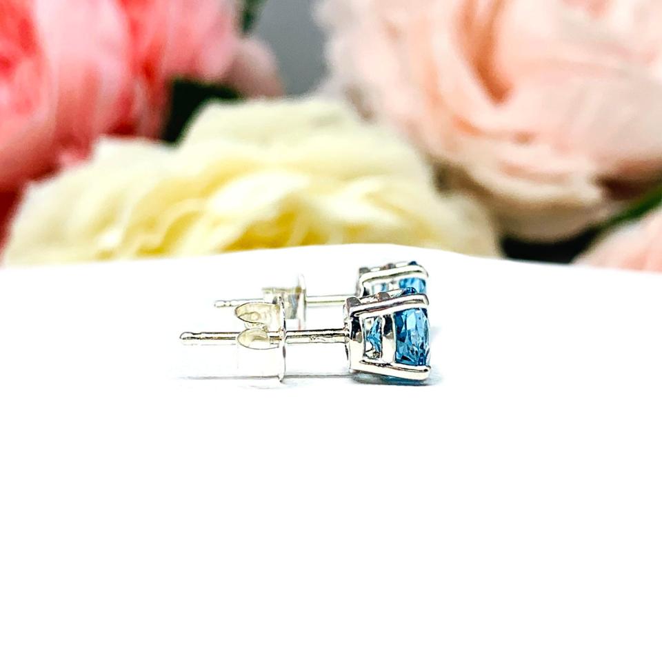 Round Swiss Blue Topaz Stud Earrings - 6mm genuine gemstones - Sterling silver basket settings - December birthstone gift