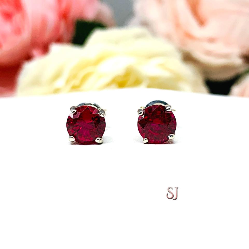 Round Lab Ruby July Birthstone Basket Stud Earrings