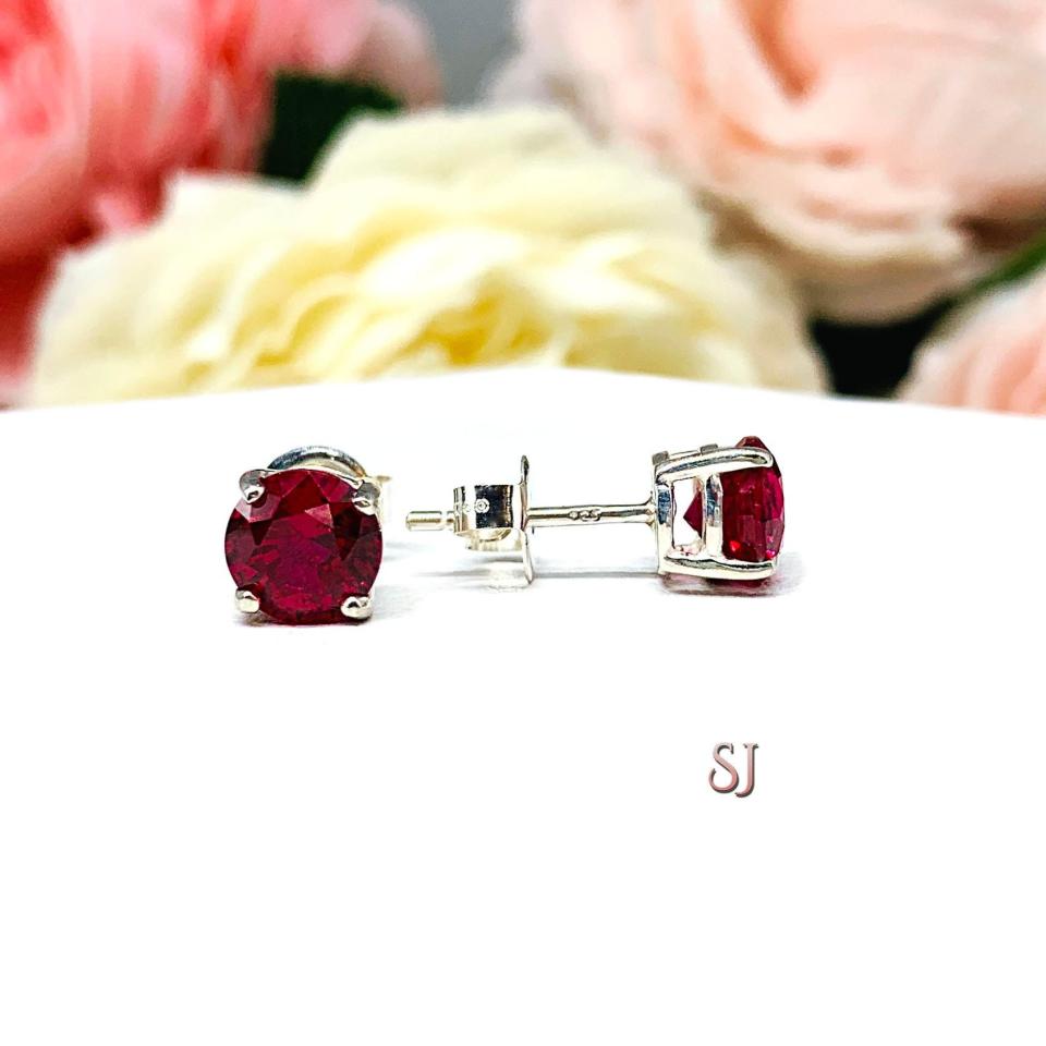 Round Lab Ruby July Birthstone Basket Stud Earrings