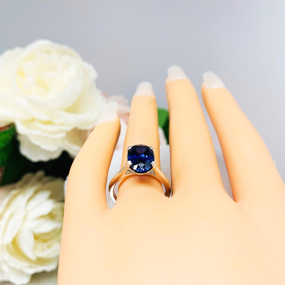 Lab Blue Sapphire Oval Engagement Ring 12x8mm 4.5 Carats Cathedral Split Prong Setting