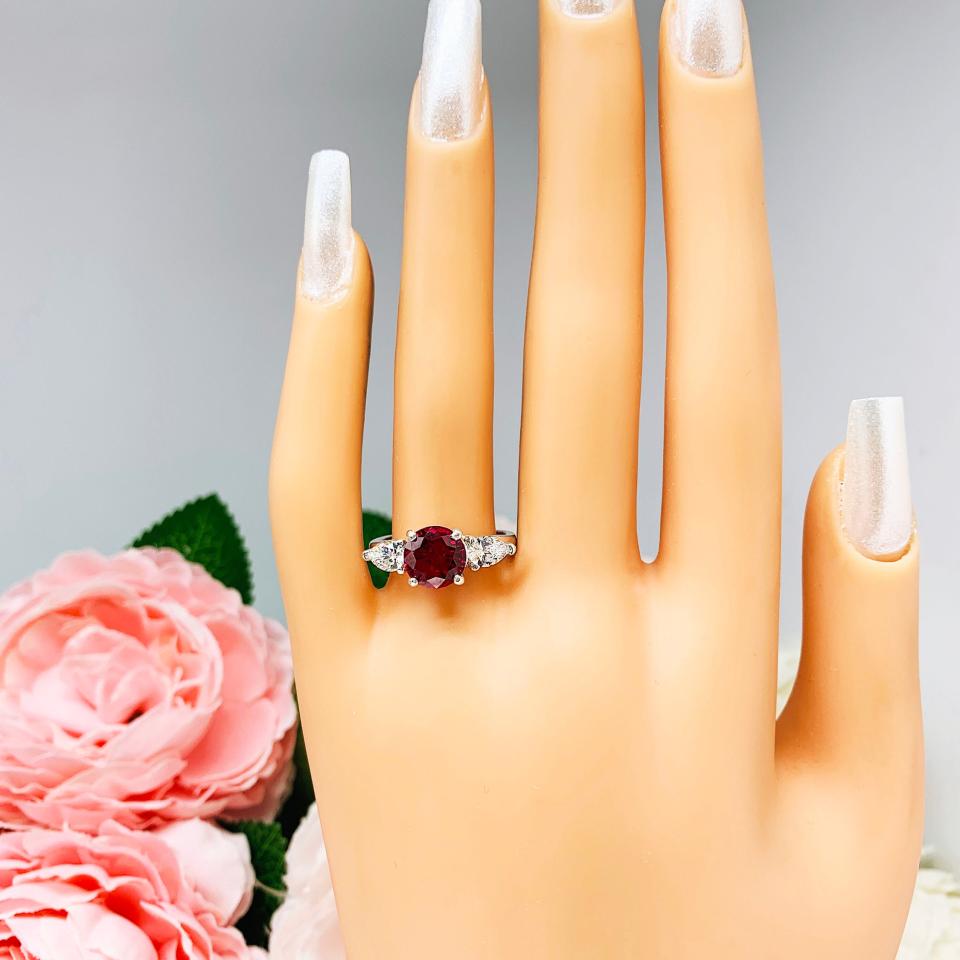 Lab Ruby & CZ 3-Stone Ring – Sterling Silver, 8mm Round Center, Pear Side Stones