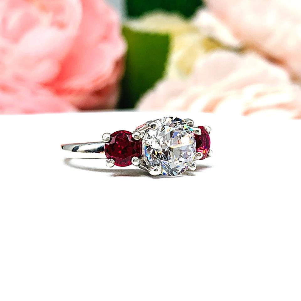 Round Cubic Zirconia Lab Ruby Three Stone Engagement Ring