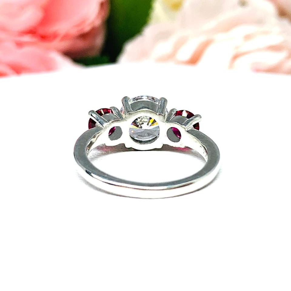 Round Cubic Zirconia Lab Ruby Three Stone Engagement Ring