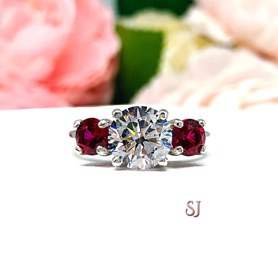 Round Cubic Zirconia Lab Ruby Three Stone Engagement Ring