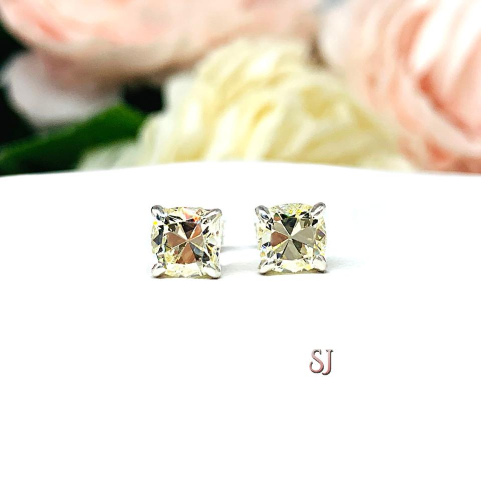Old Mine Cut Light Yellow CZ Stud Earrings