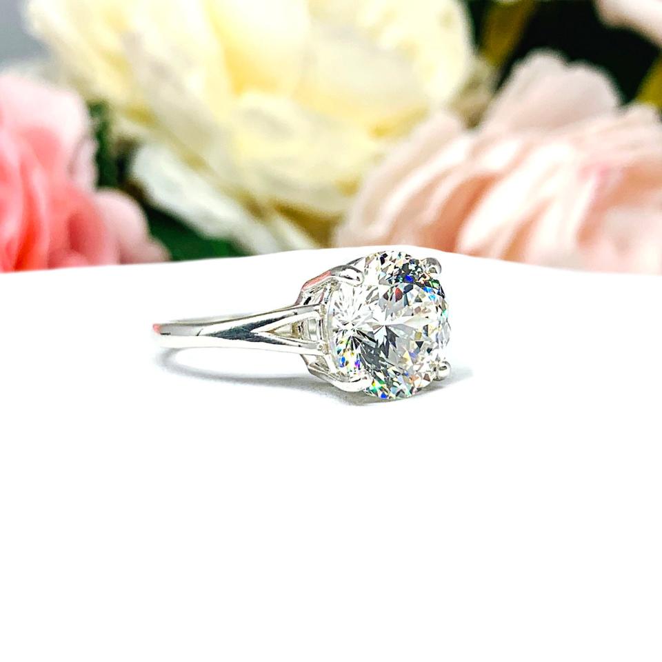 Round Portuguese Cut CZ Sterling Silver Engagement Ring Near Colorless 10mm Cubic Zirconia Split Shank