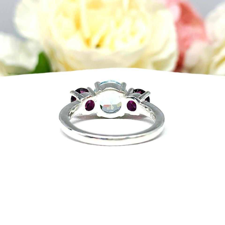 Genuine Aquamarine Garnet Round Three Stone Ring