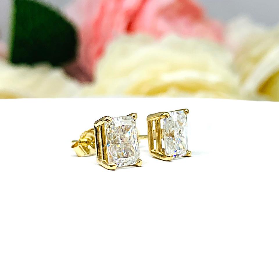Radiant Moissanite 14k Yellow Gold Stud Earrings 7x5mm 2 Carats Total Authentic FINAL SALE