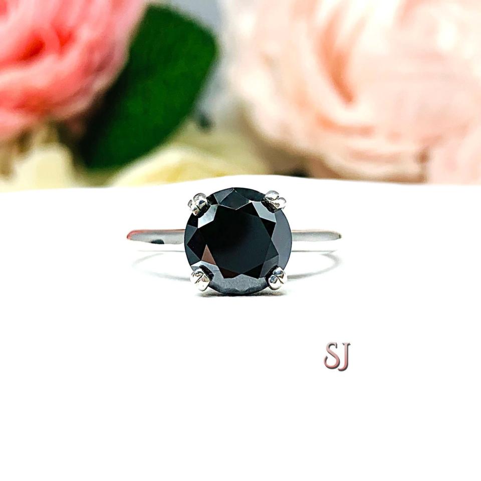 Black Moissanite Round Engagement Ring - 8mm (2 Cts) authentic moissanite - Sterling silver setting