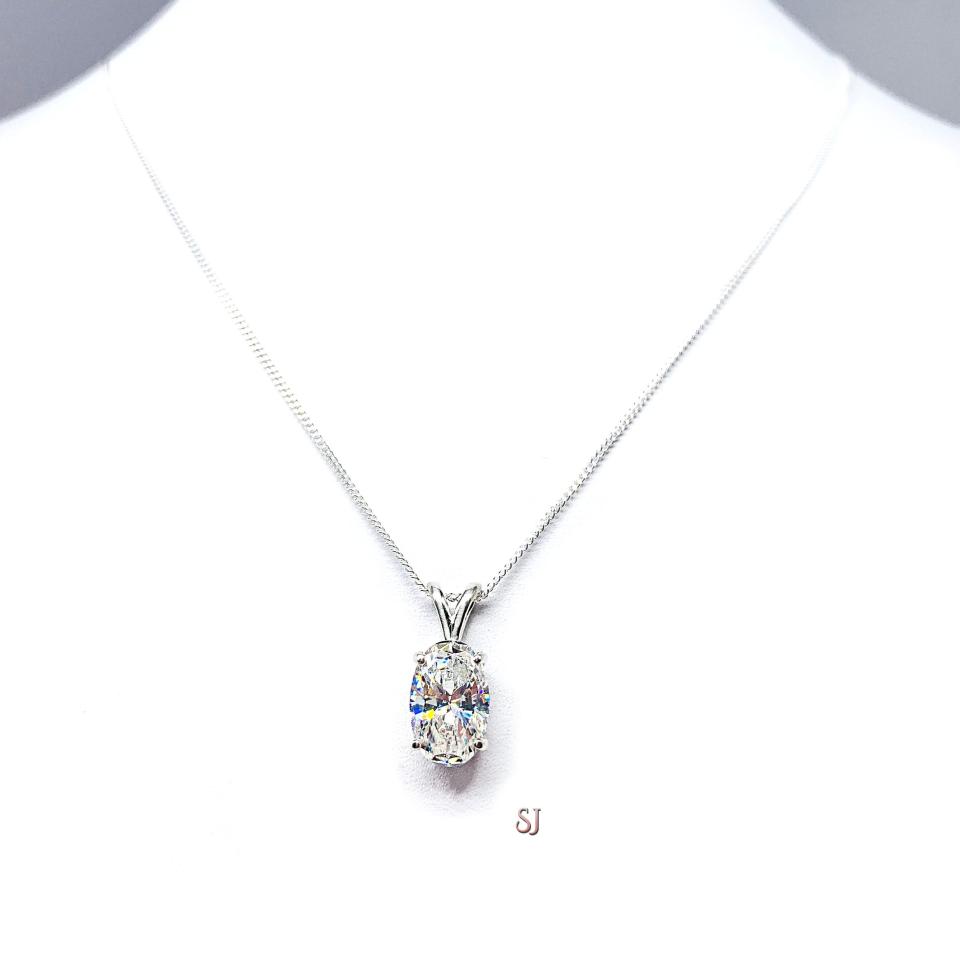 Oval Cubic Zirconia Pendant – 3 Ct 12x8mm near colorless CZ – Sterling silver necklace