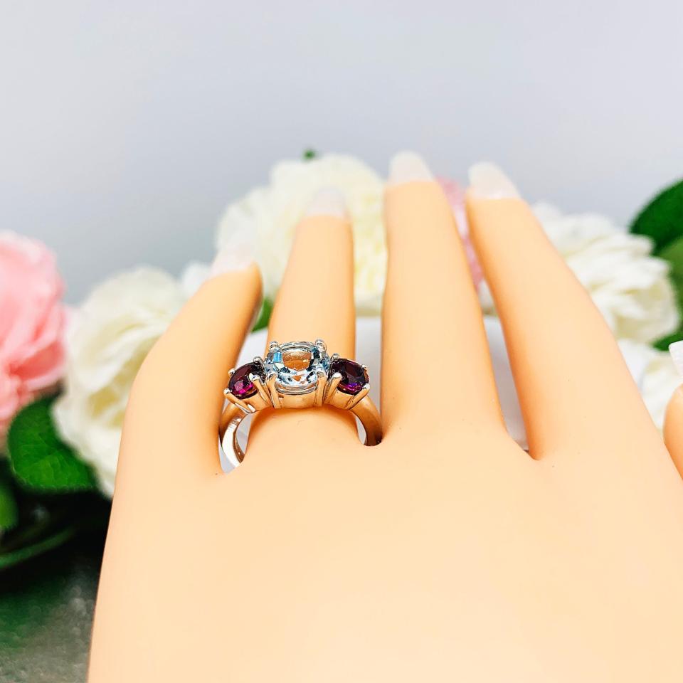 Genuine Aquamarine Garnet Round Three Stone Ring