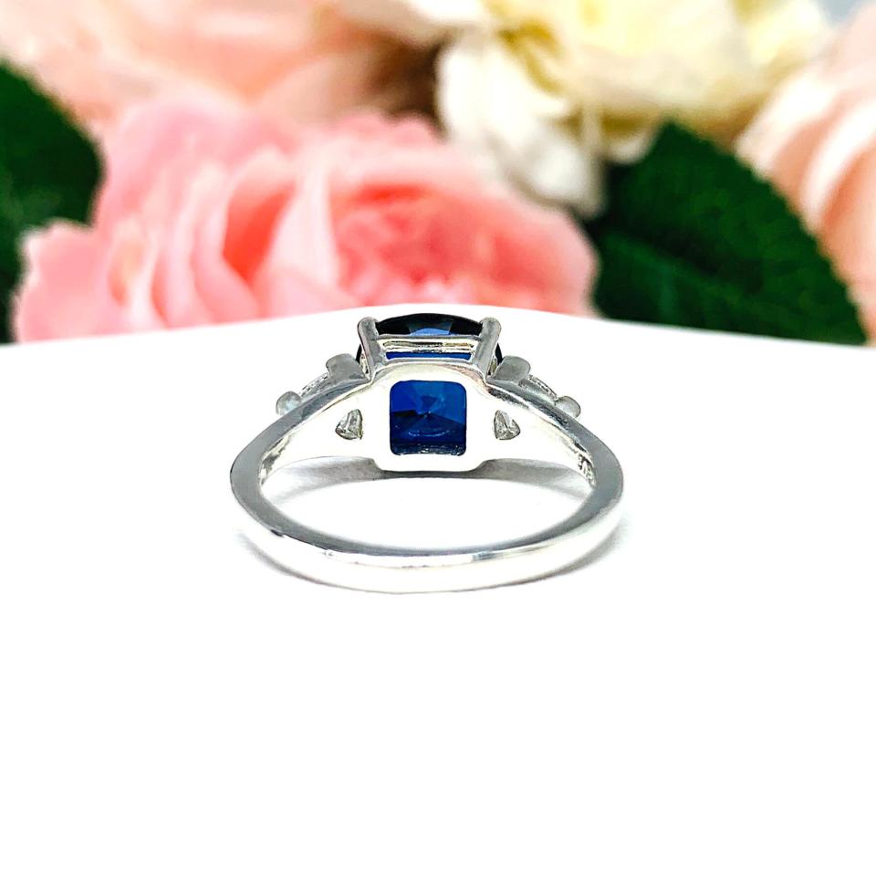 Lab Blue Sapphire Cushion Cut CZ Trillions Ring