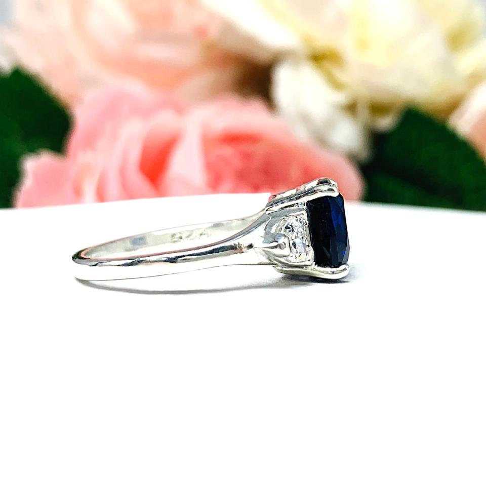 Lab Blue Sapphire Cushion Cut CZ Trillions Ring