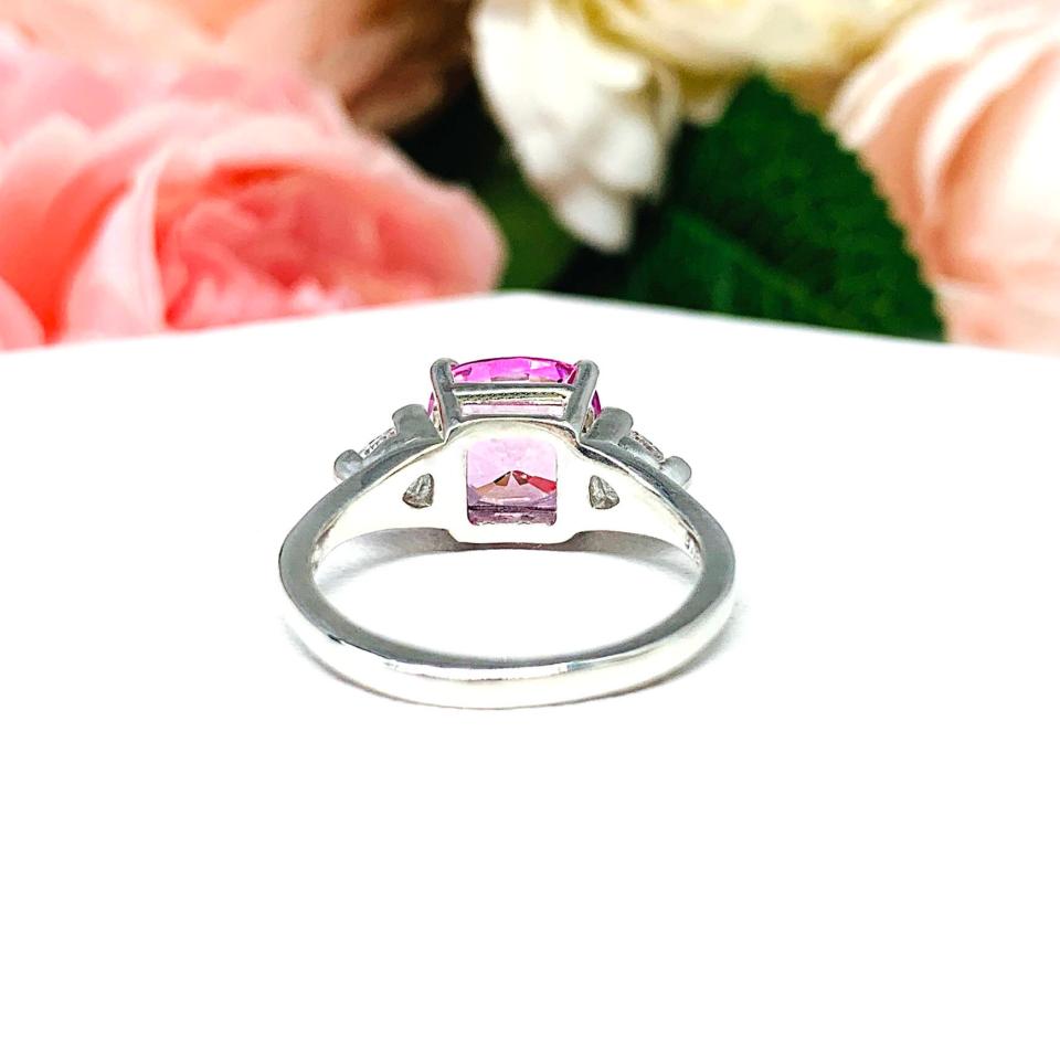 Lab Pink Sapphire Cushion CZ Trillions Ring