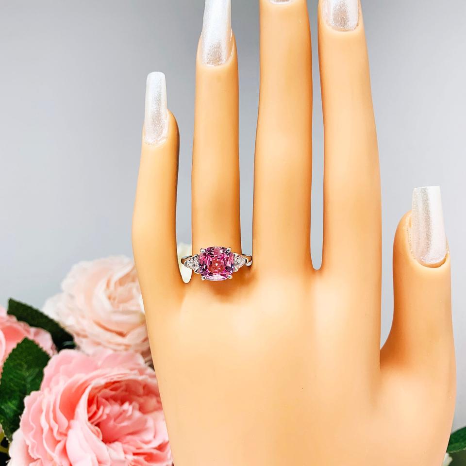 Lab Pink Sapphire Cushion CZ Trillions Ring