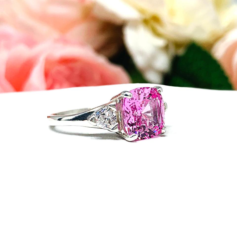 Lab Pink Sapphire Cushion CZ Trillions Ring