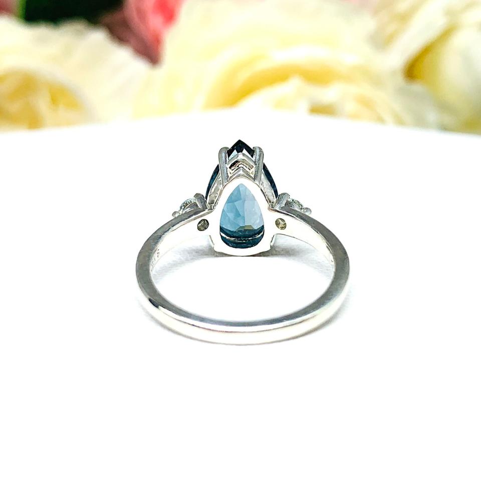 London Blue Topaz Pear Moissanite Ring - Sterling silver setting- Round moissanite side stones