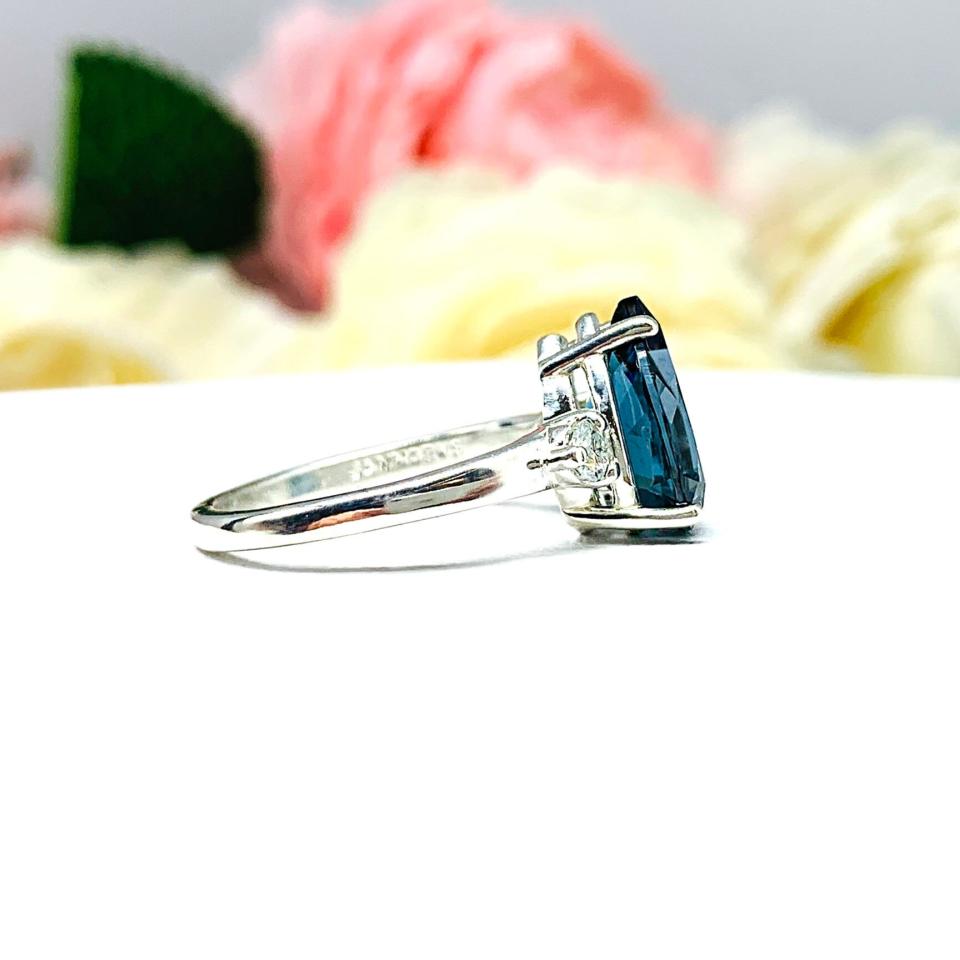 London Blue Topaz Pear Moissanite Ring - Sterling silver setting- Round moissanite side stones
