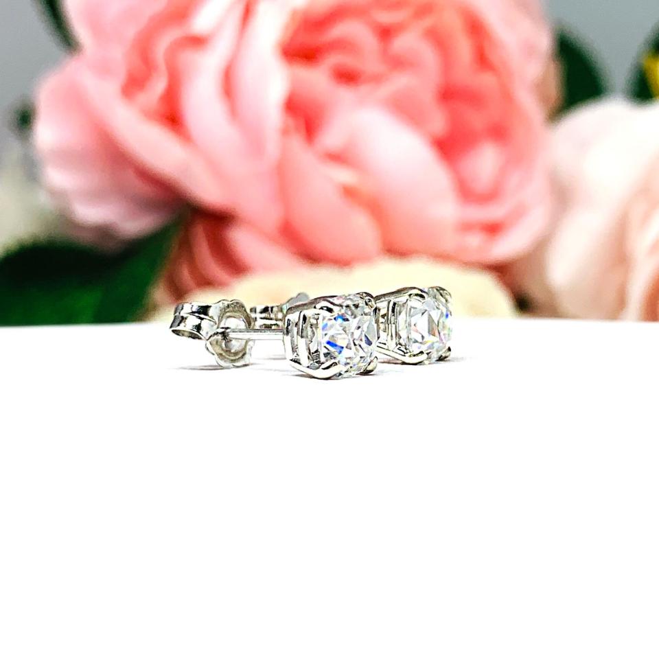 Old Mine Cut Moissanite Stud Earrings – 14k White Gold – 5mm Round – 1 Ct Total – Solid Gold Setting