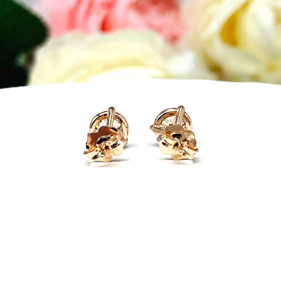 Moissanite Martini 14k Rose Gold Stud Earrings - Round authentic moissanites - Solid gold settings -  FREE 3RD DAY UPS