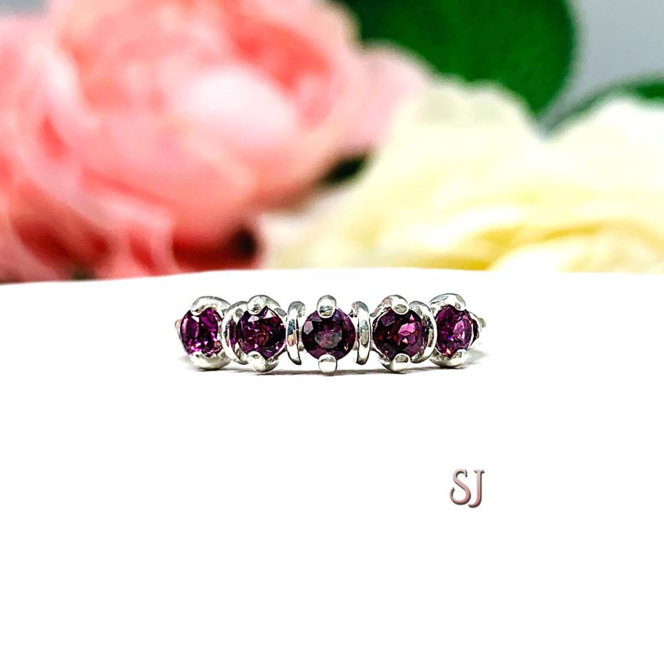 Garnet Five Stone Ring Natural 3mm Round Sterling Silver Wine Color