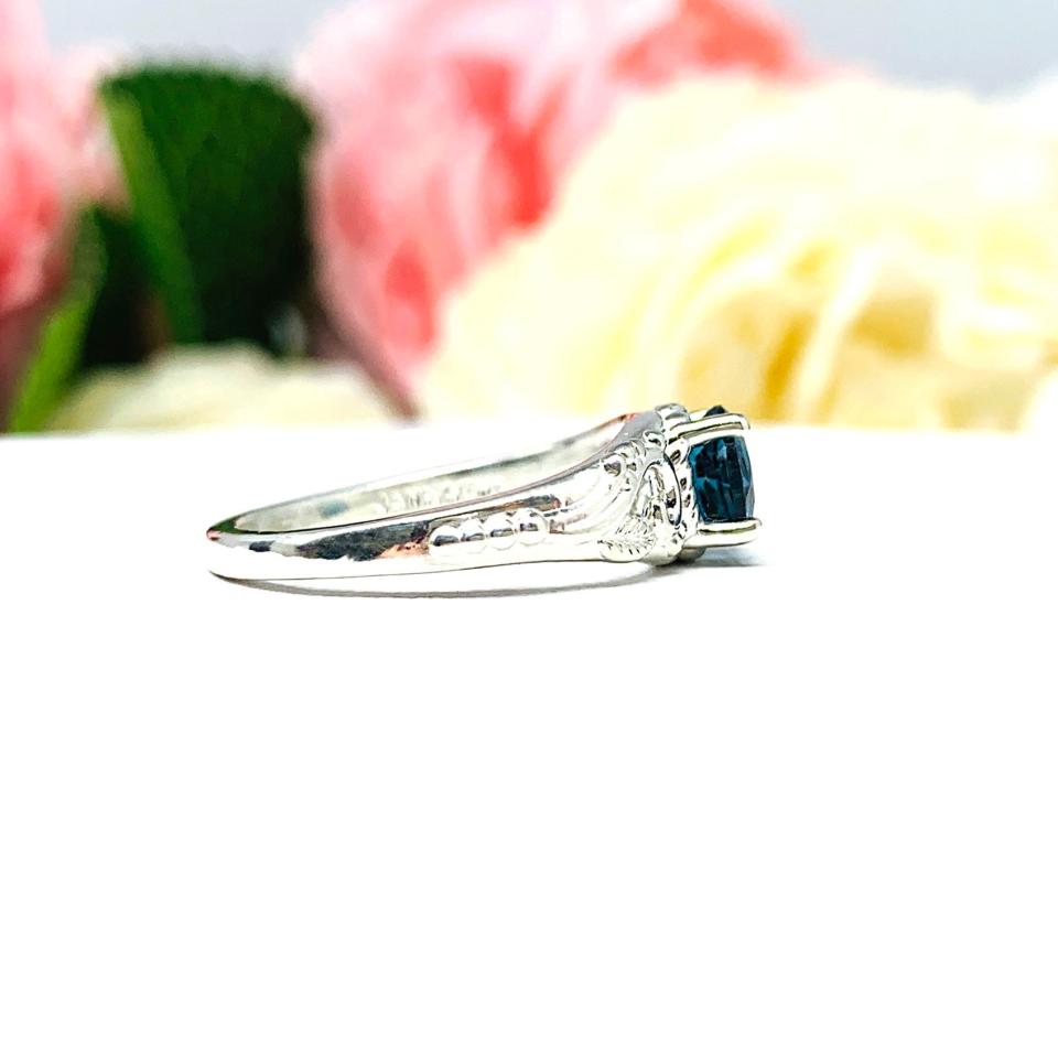 Genuine London Blue Topaz Sterling Silver Ring - 6mm round gemstone - Antique ornamental leaf design setting