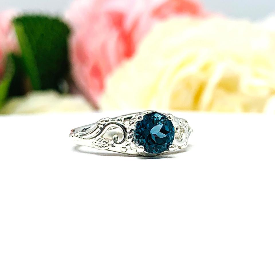 Genuine London Blue Topaz Sterling Silver Ring - 6mm round gemstone - Antique ornamental leaf design setting