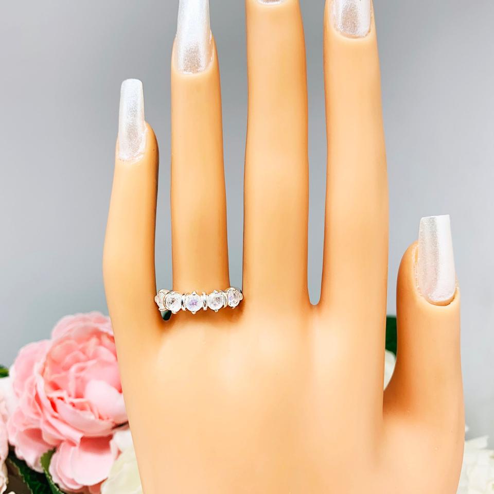 Rainbow Moonstone Five Stone Ring 4mm Round Sterling Silver Size 7 FINAL SALE