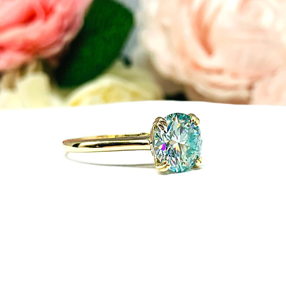 Round Blue Moissanite Engagement Ring - Authentic moissanites - Sterling silver setting