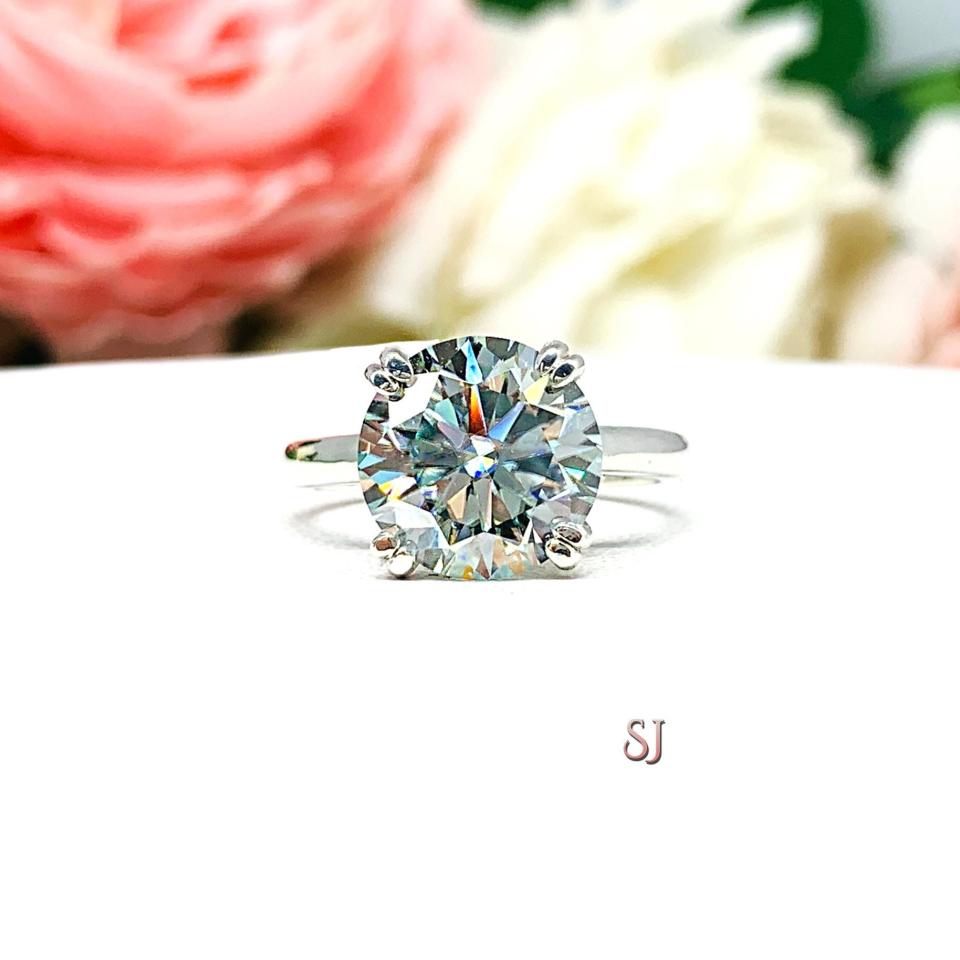 Round Steel Blue Moissanite Sterling Silver Engagement Ring Authentic 10.5mm 4.41 carats