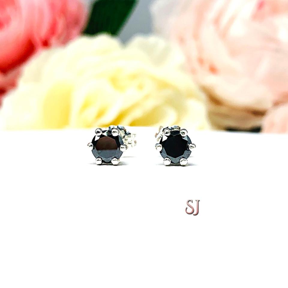 Round Black Moissanite 6 Prong Stud Earrings - Authentic moissanites - Sterling silver settings