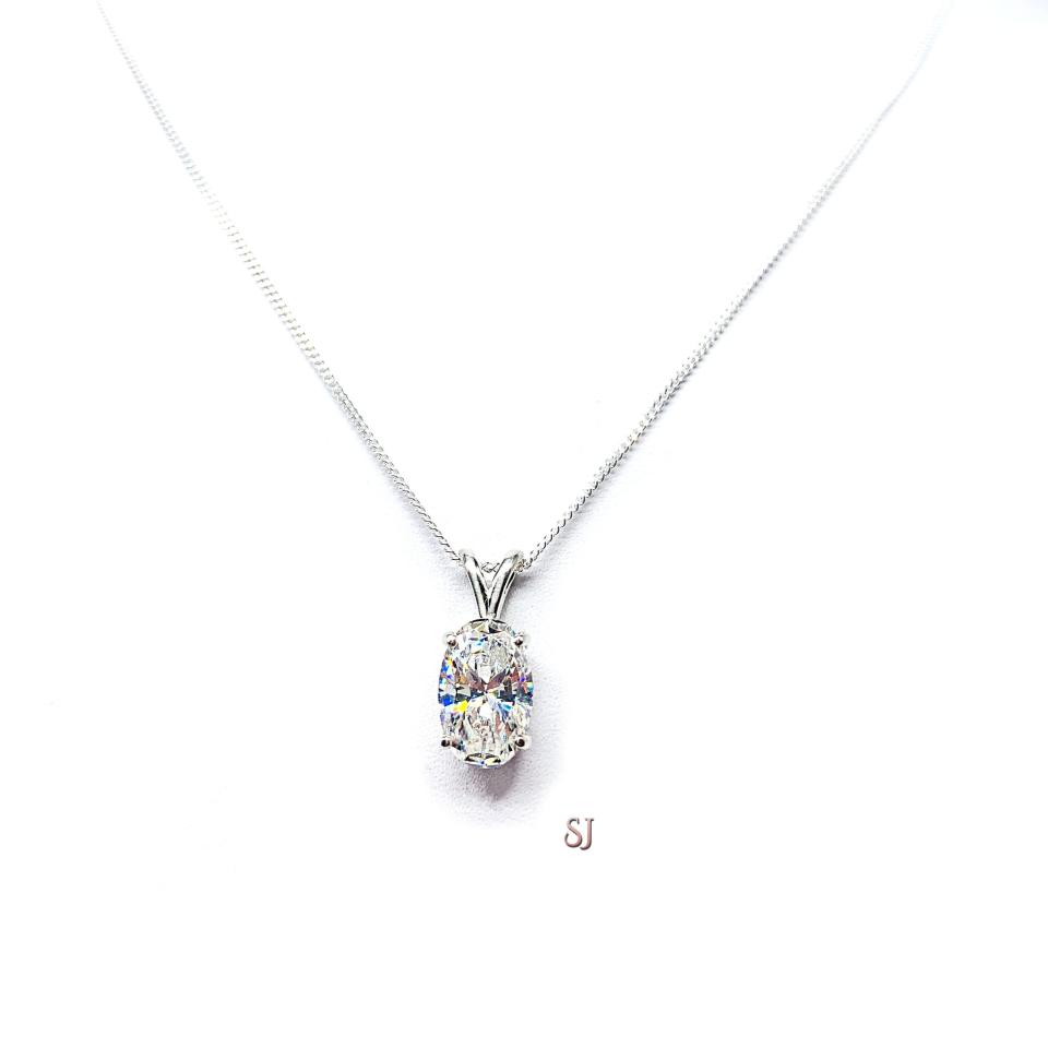Oval Cubic Zirconia Pendant – 3 Ct 12x8mm near colorless CZ – Sterling silver necklace