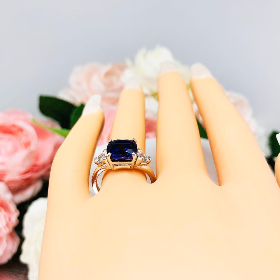Lab Blue Sapphire Cushion Cut CZ Trillions Ring